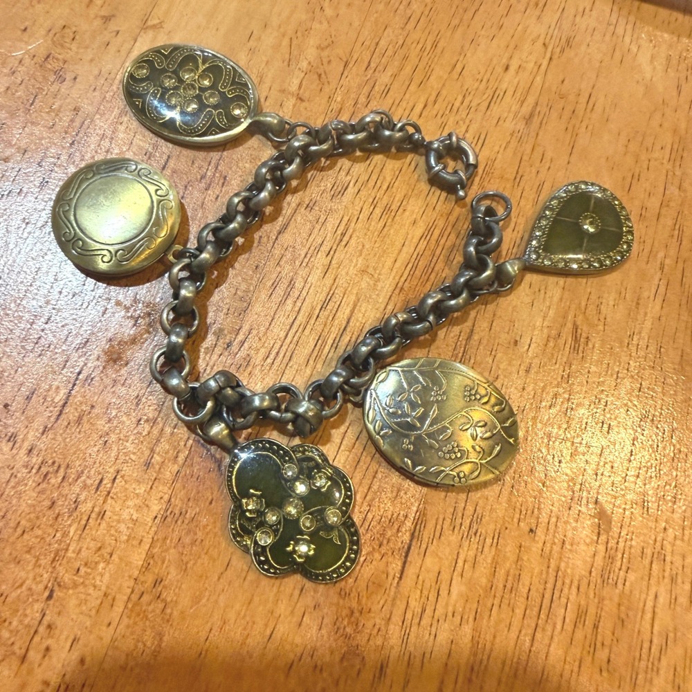 Vintage Antique Brass Locket Charm Bracelet Floral Rhinestone Olive Green 7.5in